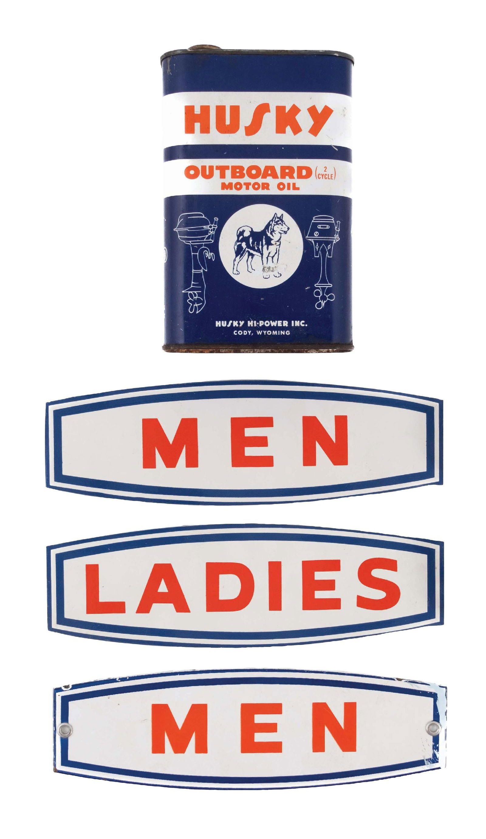 COLLECTION OF 4: HUSKY RESTROOM SIGNS & CAN (1 of 4)