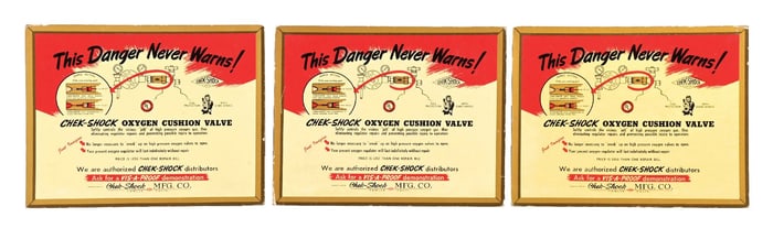 COLLECTION OF 3: CHECK-SHOCK CO. CARD STOCK SERVICE STATION ADVERTISEMENTS.