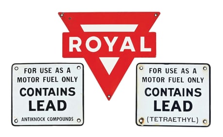 COLLECTION OF 3: CONOCO ROYAL GASOLINE & CONTAINS LEAD GAS PUMP SIGNS.