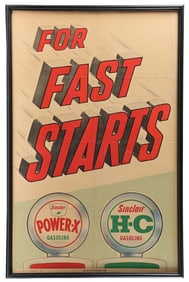 SINCLAIR "FOR FAST STARTS" FRAMED SERVICE STATION POSTER.