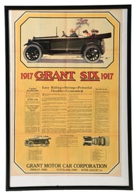 1917 GRANT SIX MOTOR CAR FRAMED PAPER ADVERTISEMENT.