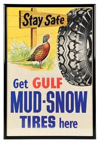 STAY SAFE GET GULF MUD-SNOW TIRES HERE FRAMED SERVICE STATION POSTER.