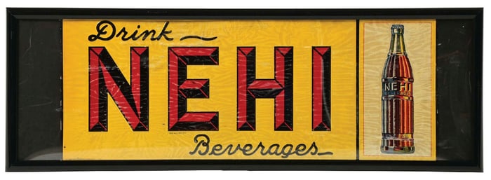 DRINK NEHI BEVERAGES EMBOSSED TIN SIGN.