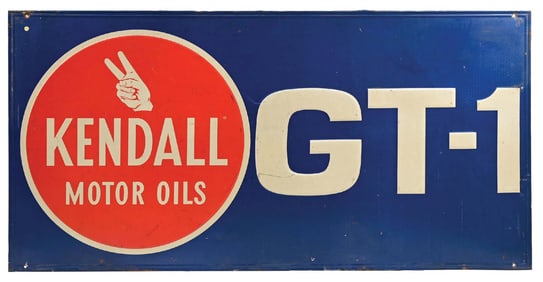 KENDALL GT-1 MOTOR OILS EMBOSSED TIN SERVICE STATION SIGN.