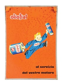 OLIOFIAT MOTOR OIL TIN SIGN W/ BOY GRAPHIC.