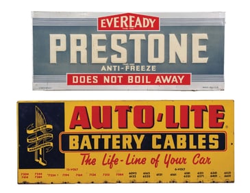 COLLECTION OF 2 PRESTONE & AUTO-LITE PAINTED METAL RACK TOPPER SIGNS