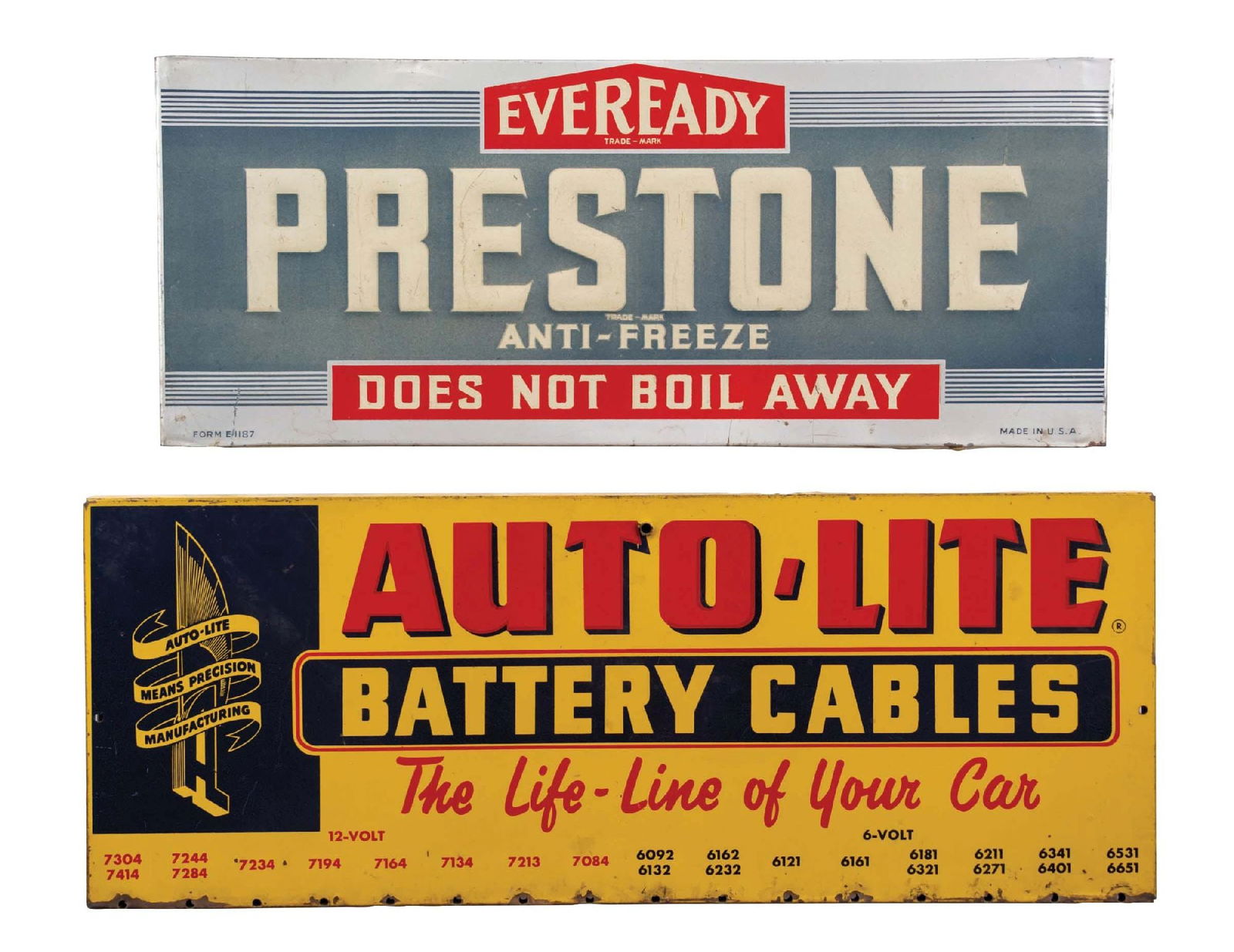 COLLECTION OF 2 PRESTONE & AUTO-LITE PAINTED METAL RACK TOPPER SIGNS (1 of 5)