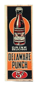 DRINK DELICIOUS DELAWARE PUNCH EMBOSSED TIN SIGN.