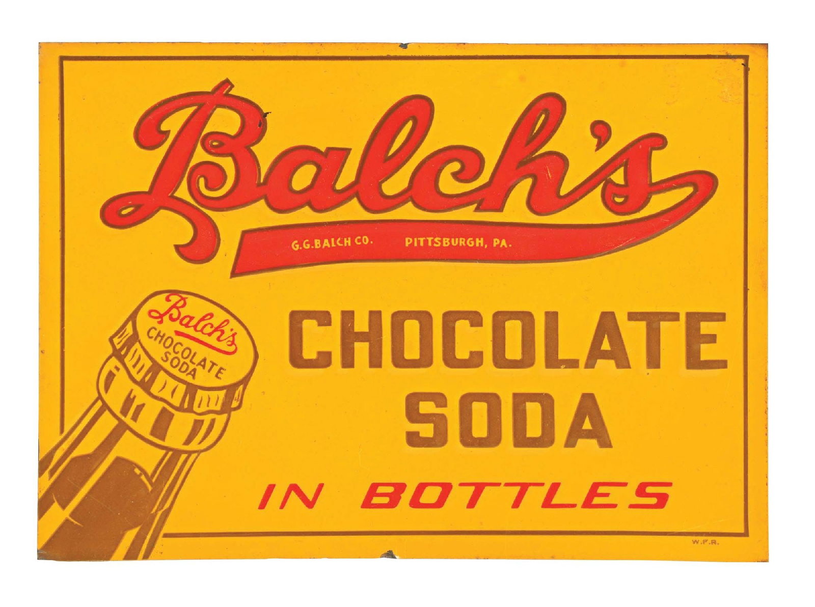 BALCH'S CHOCOLATE SODA EMBOSSED TIN SIGN W/ BOTTLE GRAPHIC.: SST. Marked "W.F.R". C. 1930's. CONDITION: Excellent color & gloss throughout with no notable field wear other than a few fine surface scratches. Sign shows a few minor spots of wear along the outer e