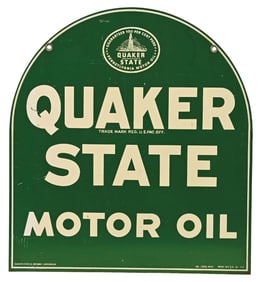 QUAKER STATE MOTOR OIL TIN TOMBSTONE SIGN.