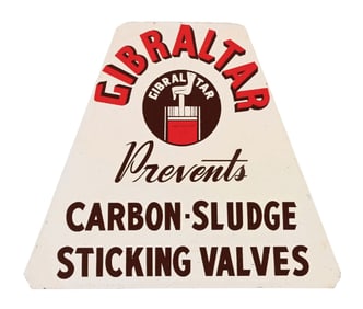 GIBRALTAR PREVENTS CARBON SLUDGE TIN SERVICE STATION RACK SIGN W/ VALUE GRAPHIC.