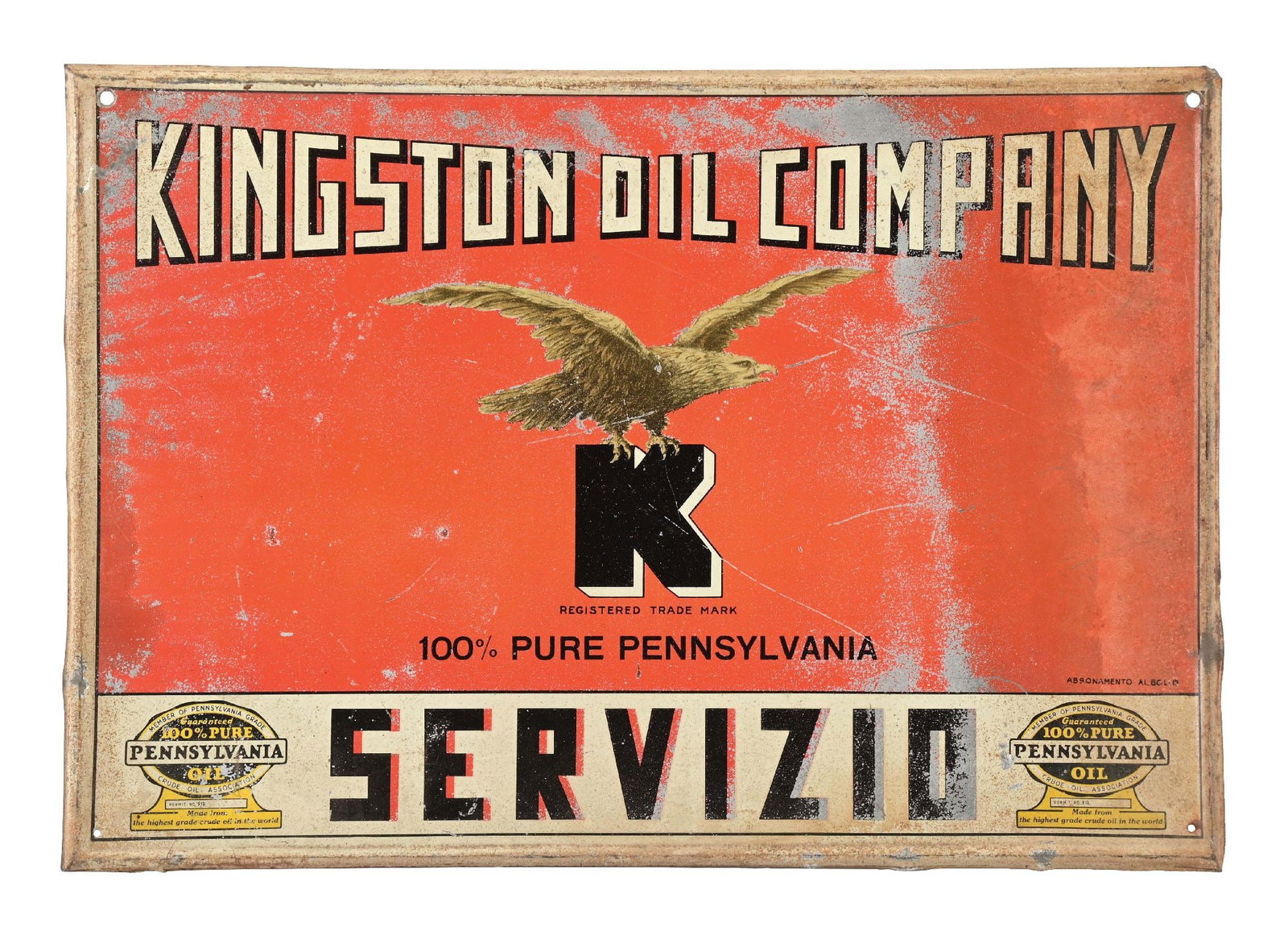 KINGSTON OIL COMPANY SERVIZIO SELF FRAMED TIN SIGN.: SST. CONDITION: Sign shows fair color & gloss with some areas of paint wear in the outer field. The majority of the paint is strong, but does show some weak areas. Outer self-framed edge showing creas