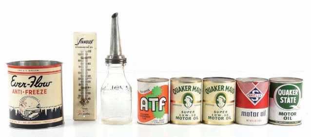 COLLECTION OF 8: VARIOUS MOTOR OIL CANS & ADVERTISEMENTS.