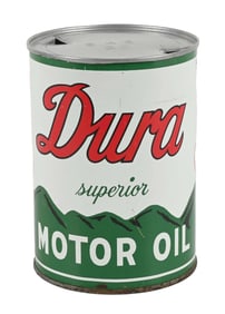 DURA MOTOR OIL ON0E QUART CAN W/ MOUNTAIN & BUFFALO GRAPHIC.