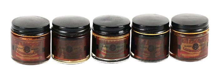 LOT OF 5: GILMORE LUBRICANT SAMPLE GLASS BOTTLES