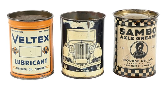 COLLECTION OF THREE: ONE POUND GREASE CANS FROM SAMBA & VELTEX.