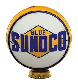 BLUE SUNOCO GASOLINE SINGLE 15" GLOBE LENS ON METAL LOW PROFILE BODY.