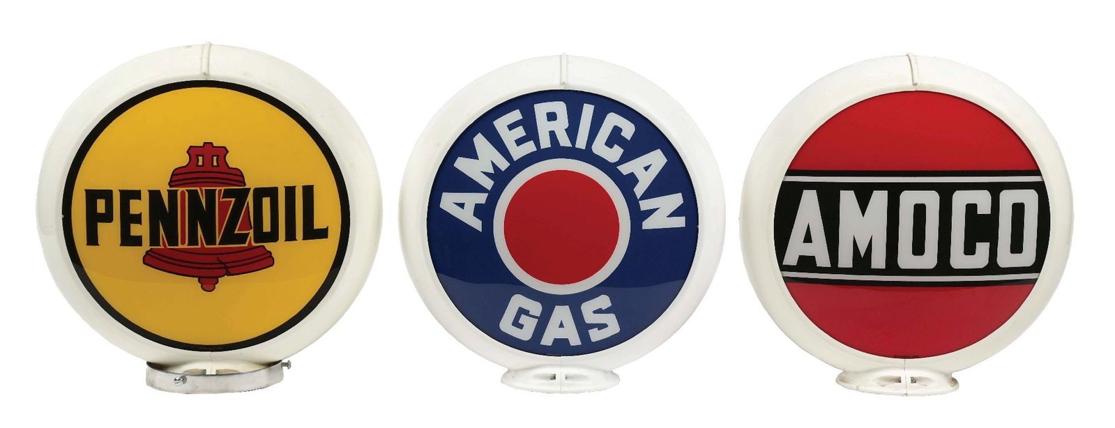 COLLECTION OF 3: AMERICAN, AMOCO & PENNZOIL COMPLETE REPRODUCTION GLOBES: Collection Consists Of: Three Complete Globes from Amoco, American & Pennzoil. Each globe shows two lenses and are mounted in white capco bodies. Each present in like-new condition. Condition: (Excell