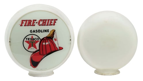 COLLECTION OF 2: TEXACO GASOLINE FIRE CHIEF SINGLE 13.5" GLOBE LENS ON GLASS BODY AND UNMARKED ONE