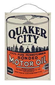 QUAKER CITY MOTOR OIL EMBOSSED TIN SIGN