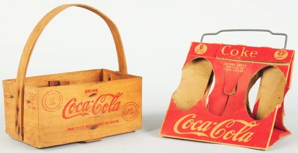 Lot of 2: Coca-Cola 6-Pack Carriers.: 1930s to 1940s. The thin wooden carrier has stencil on one side along with closed splits and soiling. The cardboard carrier exhibits wear with bending. Condition (Good - Very Good). Size Largest: 9" T