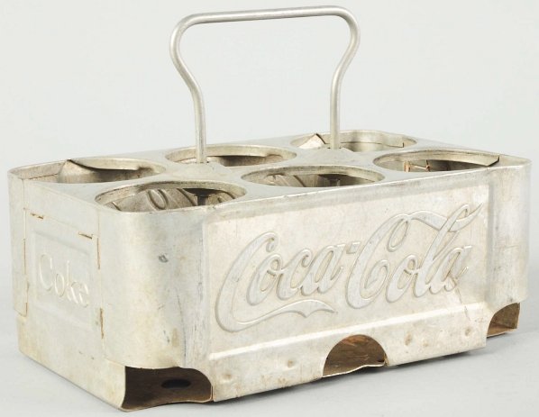 1940s Coca-Cola Aluminum Carrier.: Made by and marked "Acton". Medium wear with a few small dents. Condition (Very Good). Size 6 - 1/4" T.