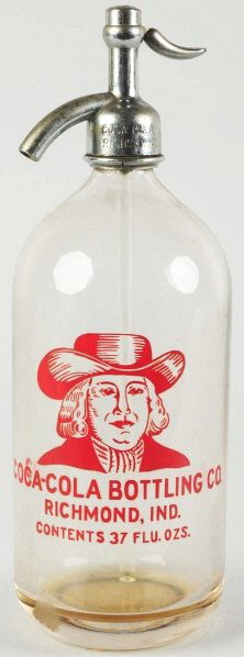 Richmond, IN Red ACL Coca-Cola Seltzer Bottle.: With correct marked cap. Almost no wear or marks and only light interior soiling. Condition (Near Mint). Size 12" T.
