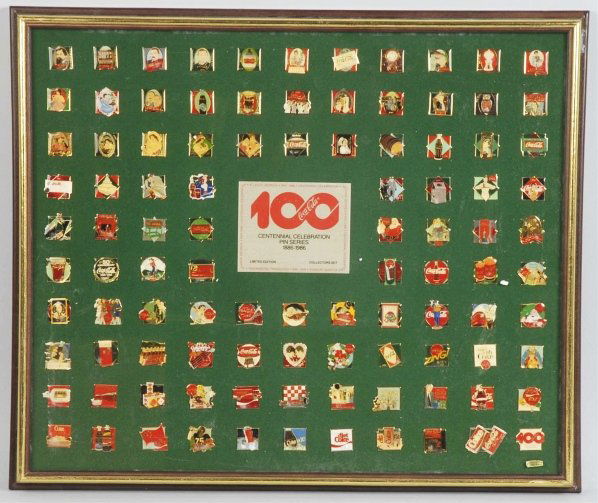 Coca-Cola Centennial Celebration Pin Series.: 1986 in original box. Light dust, etc. Condition (Near Mint). Size Box: 24 - 1/2" x 29 - 1/2".