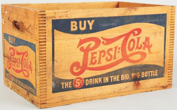 Wooden Pepsi-Cola Crate.: 1940S. Strong and bright stencil remaining and neat dovetailing at four corners. Some splits and wood chips at one end of the piece. Condition (Excellent). Size 18 - 1/2" x 10 - 1/2".