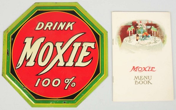 Tin Moxie Sign with Menu Book.: The book has nice contents and graphics while the sign exhibits minor wear and paint scuffs. Condition (Very Good - Near Mint). Size Largest: 8 - 1/4" Dia.