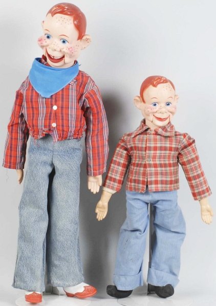 Lot of 2: Howdy Doody Dolls.: Both marked "National Broadcasting Cop." on back of head and both with movable lower jaws that are operated by pull cords. Condition (Very Good). Size Largest: 31" T.