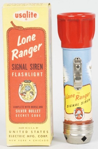 Tin Litho Lone Ranger Flashlight.: Made by Usalite. Shows the Lone Ranger riding his horse Silver. Includes original box and paperwork. Very little wear overall. Condition (Near Mint). Size 6 - 3/4" L.