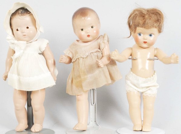Lot of 3: Dolls.: Includes one Madame Alexander, one Ginny doll and one Effanbee doll with missing leg. Condition (Very Good). Size Each: 8" T.