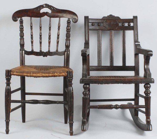 Lot of 2: Child Chairs.: Includes one rocking chair. Both have rattan seats. Condition (Excellent). Size Largest: 26 - 3/4" T.