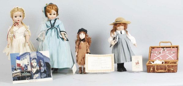 Lot of 4: Collector Dolls.: Includes one Effanbee Les Miserables Cosette in original box, one Jillian doll with original box, one composition doll with green dress, and one composition girl with pigtails. Lot also includes one b