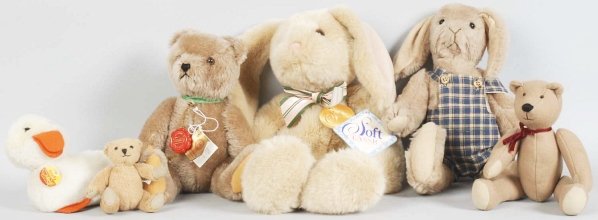 Lot of 5: Plush Animals.: Includes two jointed bears. Condition (Excellent). Size Largest: 18 - 1/2" T.