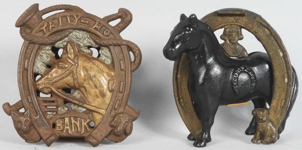 Lot of 2: Cast Iron Still Banks.: Includes a Tally Ho and Good Luck. Condition (Excellent). Size Largest: 4 - 1/2" T.