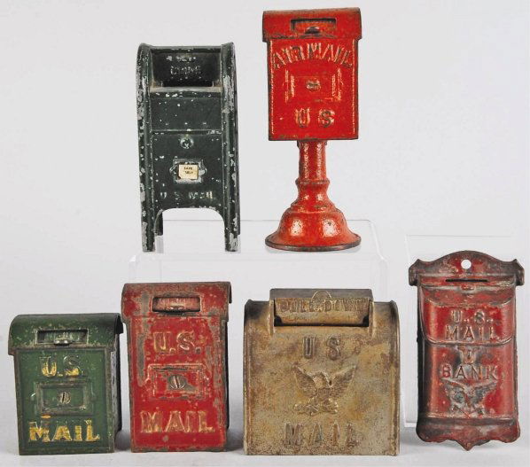 Lot of 6: Cast Iron Mailbox Still Banks.: Condition (Good - Very Good). Size Largest: 6 - 1/2" T.