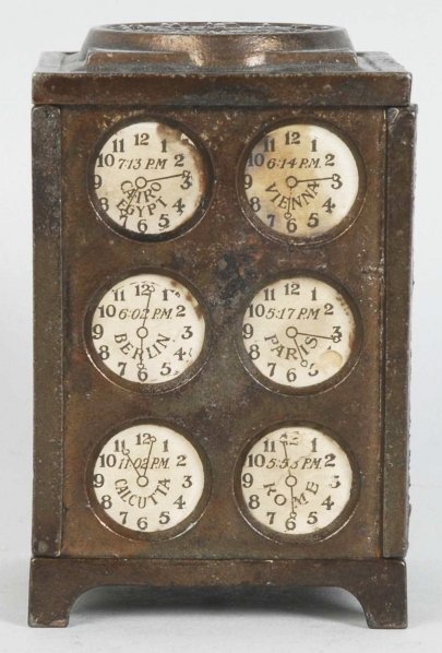 Cast Iron Time Zone Still Bank.: Condition (Excellent). Size 4 - 1/4" T.
