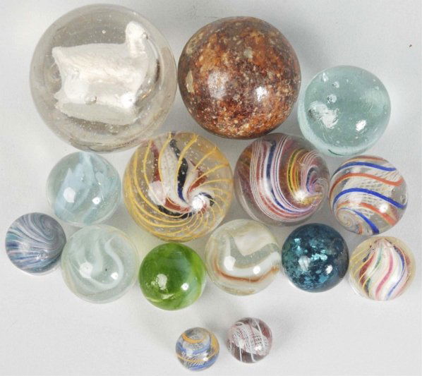 Lot of 15: Handmade Marbles.: Includes a hen on nest sulphide marble. Condition (Excellent Plus). Size Largest: 1 - 7/8" Dia.