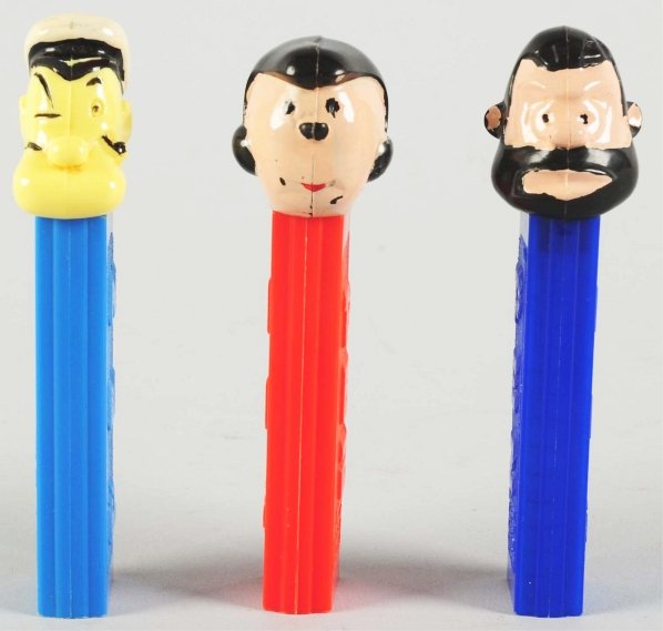 Lot of 3: Popeye Character Pez Dispensers.: Includes a painted Popeye, Olive and Brutus. Condition (Excellent). Size Each: 4 - 1/4" T.