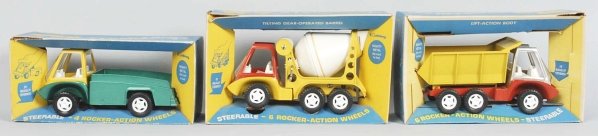 Lot of 3: Hubley Diecast Truck Toys.: Mighty Metal series. Includes one pickup truck, one cement truck, and one hyside dump. Original boxes are all marked "1969". Old store stock. Condition (Near Mint). Size Each: 9 - 1/2" L.