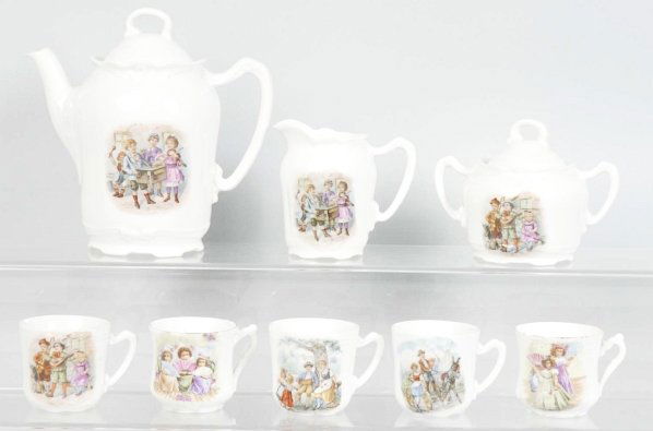 Lot of 10: German Child's Tea Set Pieces.: Children at play. Has minor chips. Condition (Excellent). Size Largest: 6 - 1/4" T.