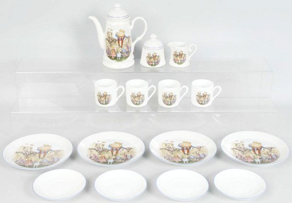 Reutter Porcelain 17-Piece Child's Tea Set.: Made in West Germany. Depicting Humpty Dumpty. Condition (Excellent). Size Largest: 7 - 1/4" T.