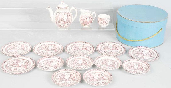 Lot of 15: Child's Punch & Judy Tea Set.: Cup handle is missing and sugar dish is not present. Condition (Very Good). Size Box: 10 - 1/8" Dia.