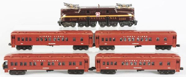 Lionel GG1 Type Passenger Train Set.: Contemporary. Includes solid-stripe no. 2360 Pennsylvania engine with four Madison-type passenger cars. Passenger cars include Cowen, Mazzone, Raphael, and Caruso. Minor wear overall. Condition (Excel