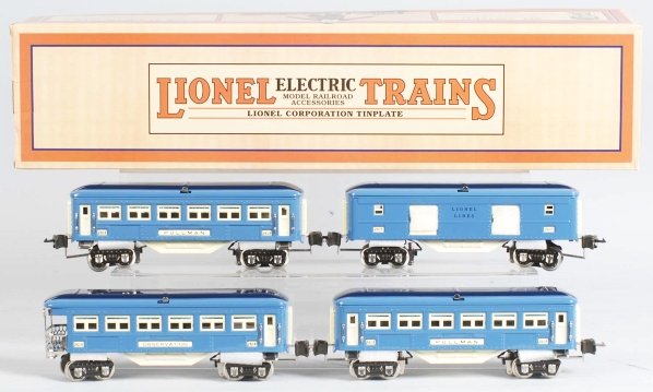 Lionel No. 263 Passenger Train Set.: Contemporary. Includes no. 263E steam locomotive and tender and four O-gauge 2600 series passenger cars in two-tone blue. Includes original boxes with original shipping box. Condition (Near Mint).