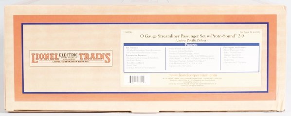 Lionel O-Gauge Union Pacific Passenger Train Set.: Contemporary. Made by MTH. Silver variation. Includes locomotive and three passenger cars. Includes original box and shipping box. Condition (Near Mint).