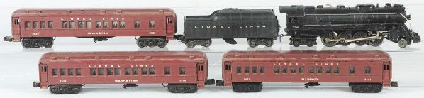 Lionel Post-War Madison Car Passenger Train Set.: Includes no. 736 O-27 gauge Berkshire engine with scoop tender and three passenger cars: no. 2625 Irvington, no. 2628 Manhattan, and no. 2627 Madison. Some wear to roofs on cars and overall wear to en
