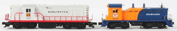 Lot of 2: Lionel Post-War Reissue Engines.: Includes no. 6250 Seaboard and no. 2328 Burlington. Both are marked "Lionel Post-War" on bottoms. Condition (Excellent).